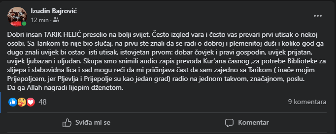 Objava Izudina Bajrovića na Facebooku - Avaz