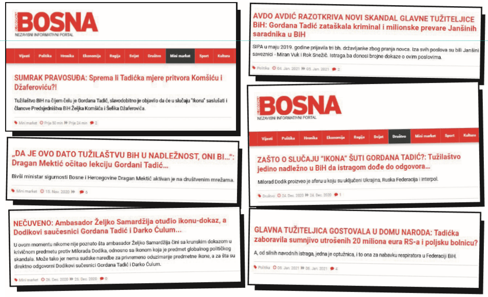 Faksimili tekstova koji su posljednjih dana objavljeni na portalu SB: Gotovo svaki dan naslovi kojima se vrši pritisak na tužiteljicu Tadić - Avaz