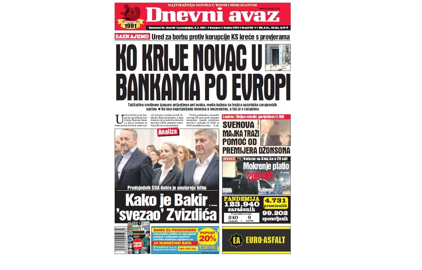 Današnja naslovnica "Dnevnog avaza" - Avaz