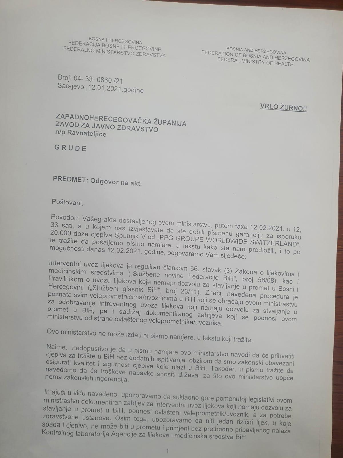 Faksimili dopisa koji je iz ZZJZ ZHK upućen Ministarstvu zravstva FBiH - Avaz