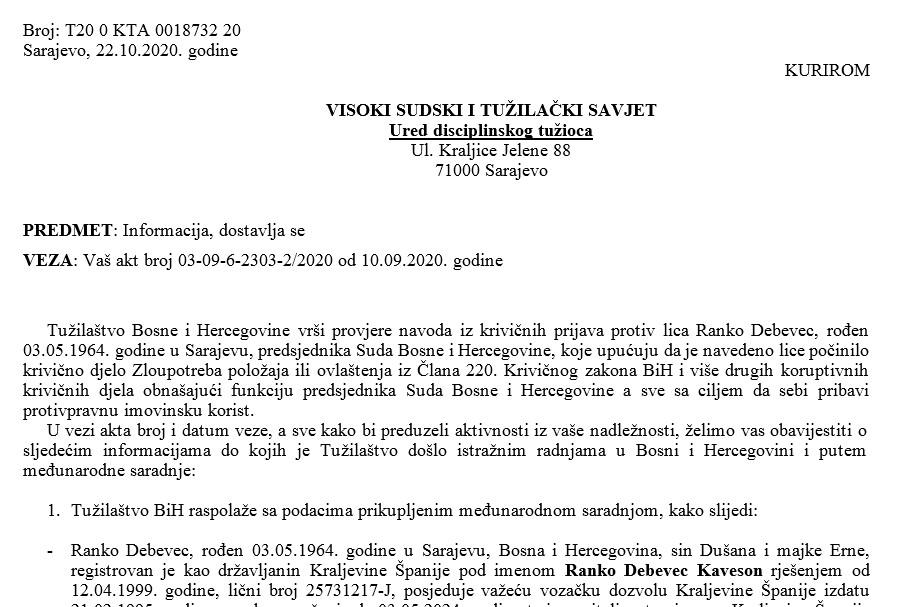 Facsimile of the letter of the Prosecutor's Office of B&H to the Office of the Disciplinary Prosecutor - Avaz