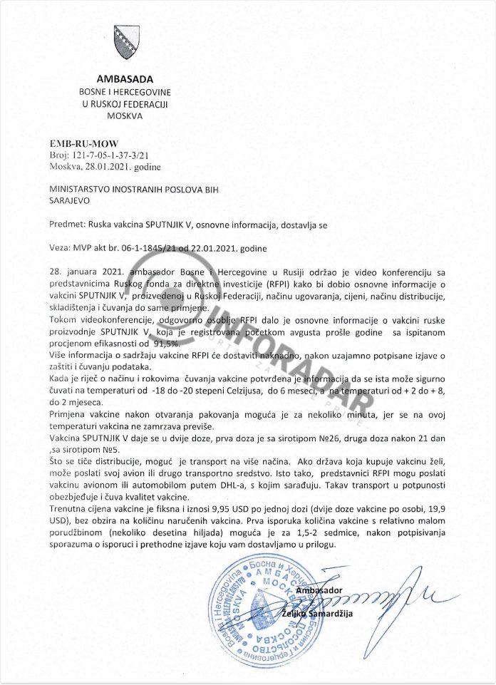 Pismo koje je u BiH uputio ambasador u Rusiji Željko Samardžija - Avaz