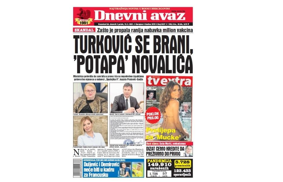 Danas u "Dnevnom avazu" čitajte: Turković se brani, "potapa" Novalića