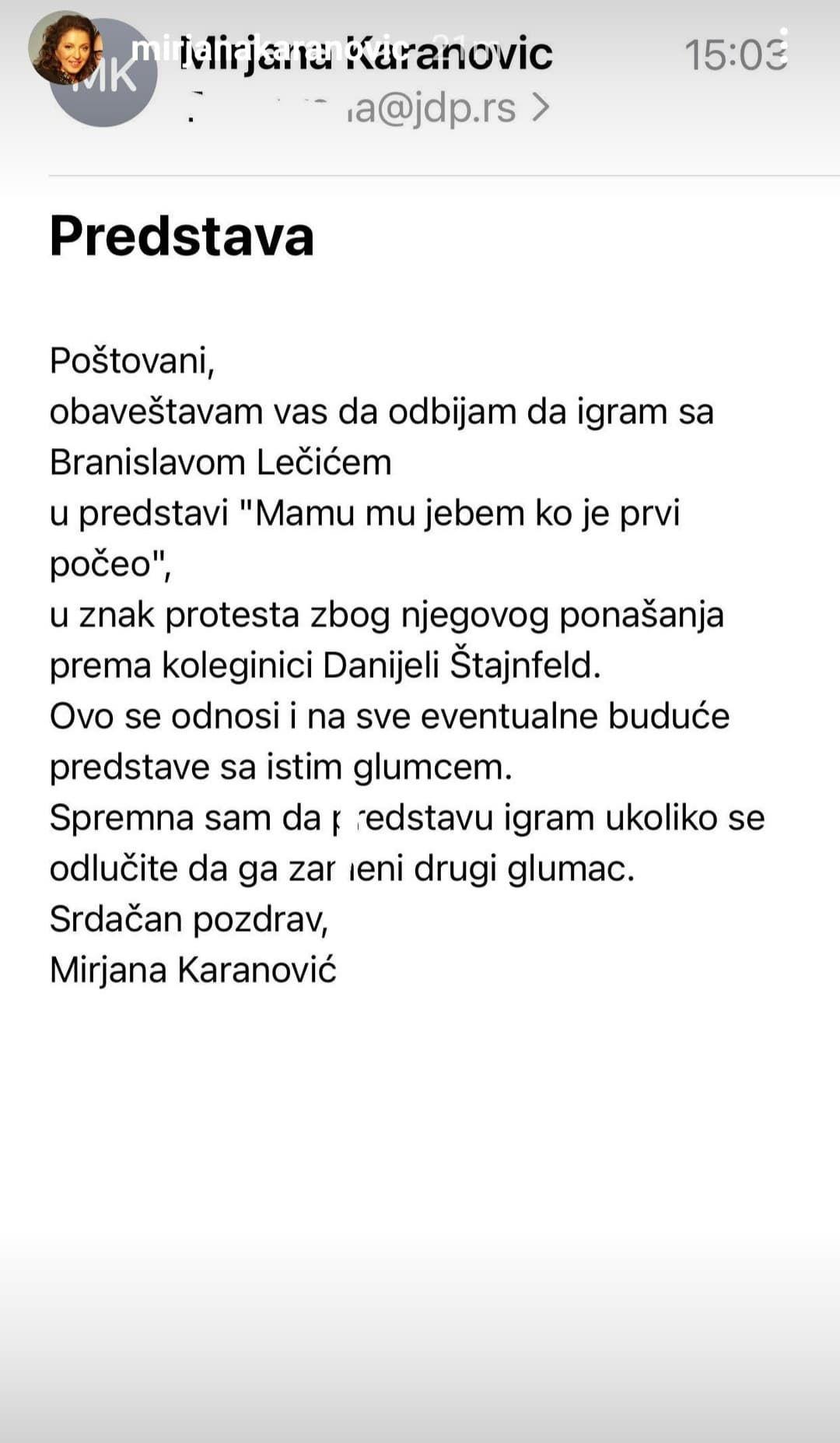 Objava Karanović na Instagramu - Avaz