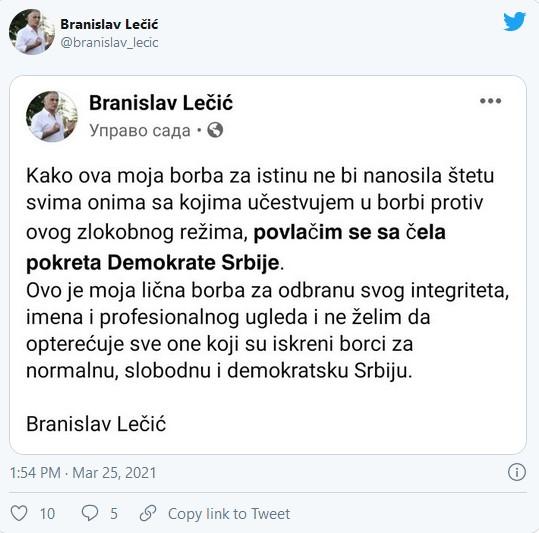 Objava Branislava Lečića - Avaz
