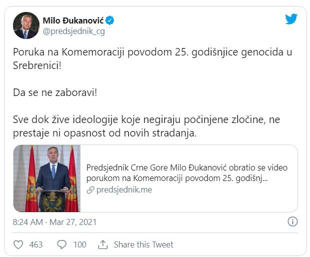 Đukanovićeva poruka povodom obilježavanja 25. godišnjice genocida - Avaz