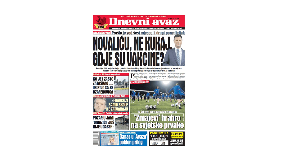 Danas u "Dnevnom avazu" čitajte: Novaliću, ne kukaj, gdje su vakcine?