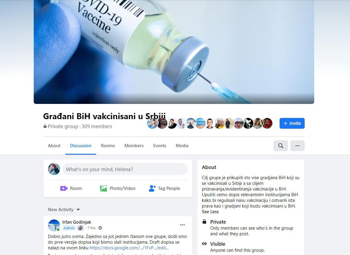 Facebook grupa „Građani BiH vakcinisani u Srbiji“ - Avaz