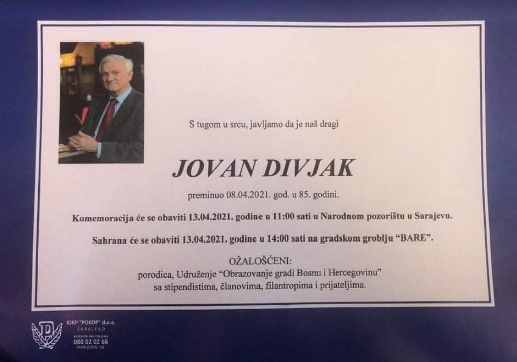 Osmrtnica Jovana Divjaka - Avaz