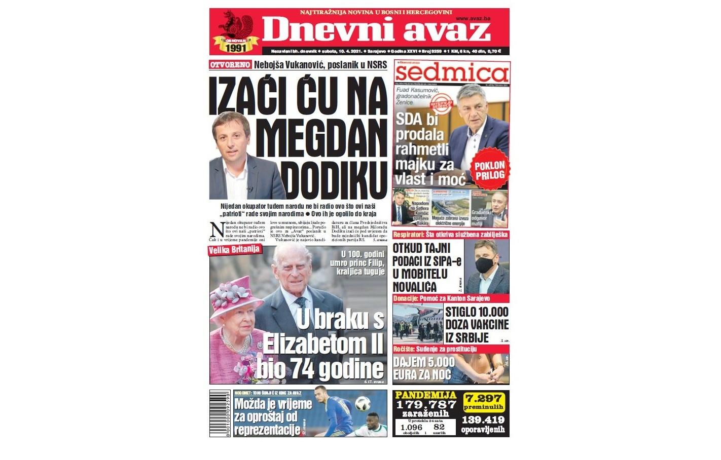 Danas u "Dnevnom avazu" čitajte: Izaći ću na megdan Dodiku