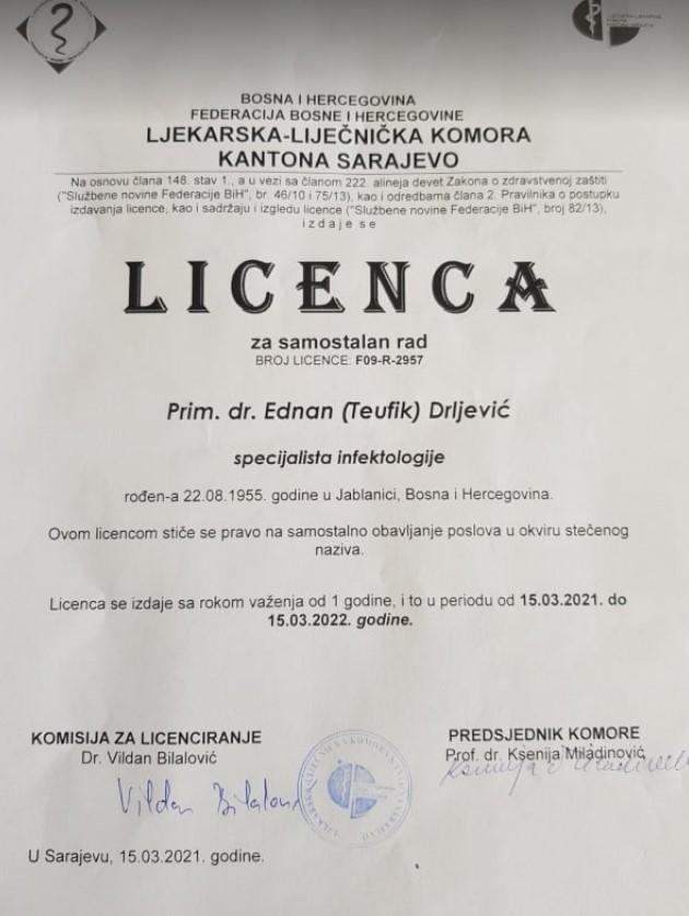 Licenca doktora Ednana Drljevića - Avaz
