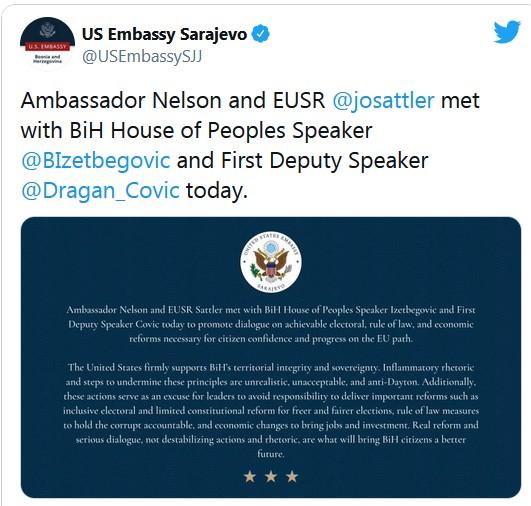 Objava Američke ambasade na Twitteru - Avaz