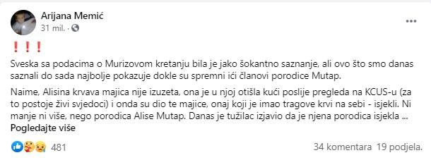 Faksimil statusa Arijane Memić - Avaz