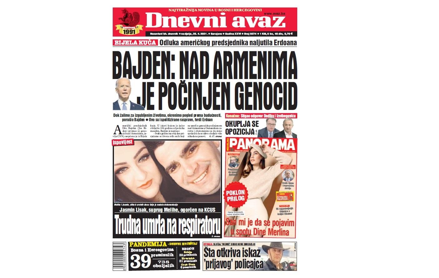 Danas u "Dnevnom avazu" čitajte: Bajden: Nad Armenima je počinjen genocid