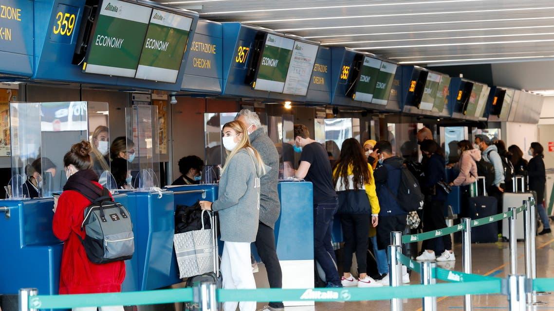 A view of the Alitalia check-in counter at Fiumicino International Airport as talks between Italy and the European Commission over the revamp of Alitalia are due to enter a key phase, in Rome, Italy, April 15, 2021. - Avaz