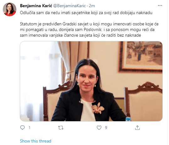 Objava Benjamine Karić na Twitteru - Avaz
