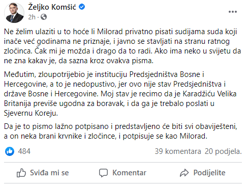 Objava Željka Komšića na Facebooku - Avaz