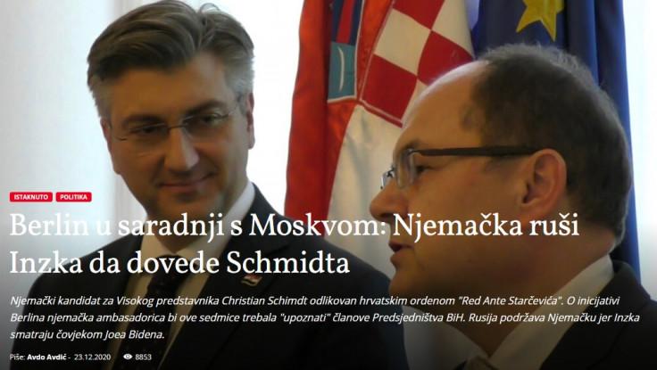 Title of the false text of Osmica's Avdo: "Berlin in cooperation with Moscow: Germany overthrows Inzko to bring Schmidt" - Avaz