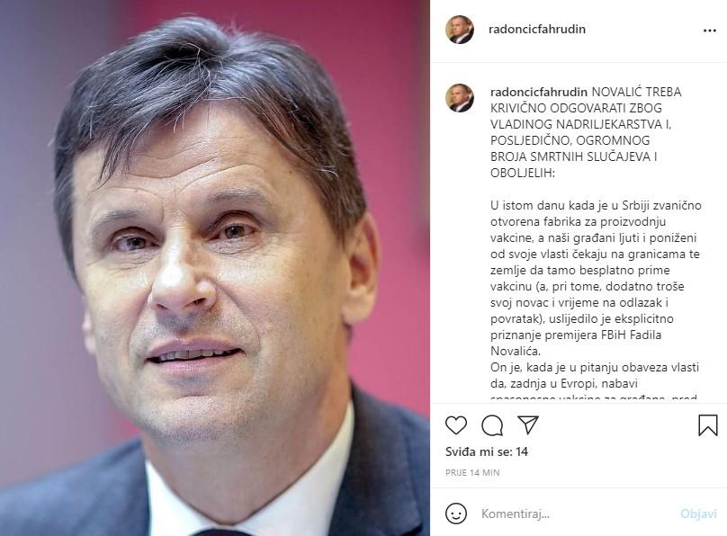 Objava Fahrudina Radončić na Instagramu - Avaz
