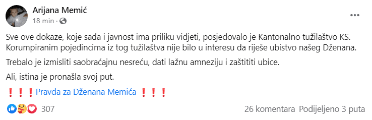 Objava Arijane Memić - Avaz