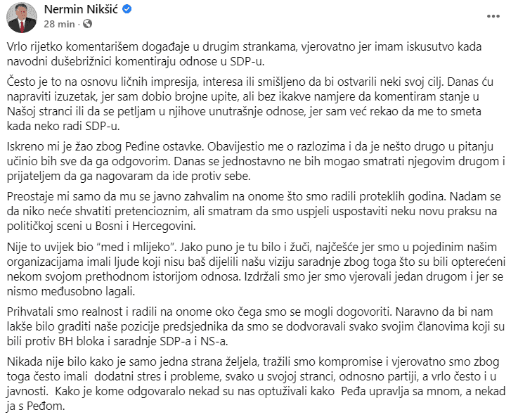 Objava Nermina Nikšića na Facebooku - Avaz