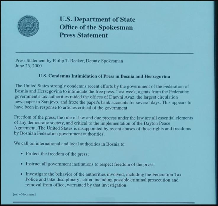 Facsimile of the State Department's reaction of June 26, 2000 to the SDA authorities' attempt to impose tax evasion on "Avaz" - Avaz