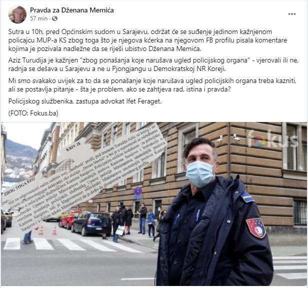 Faksimil statusa s grupe "Pravde za Dženana Memića" - Avaz