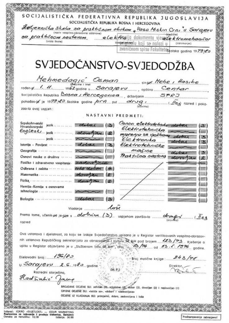Facsimile of certificate of completion of second year of high school - Avaz