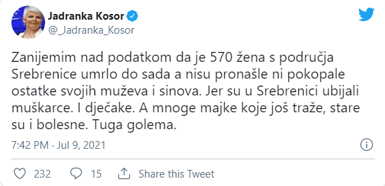 Objava Jadranke Kosor na Twitteru - Avaz