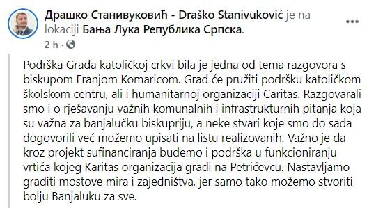 Objava Stanivukovića na Facebooku - Avaz