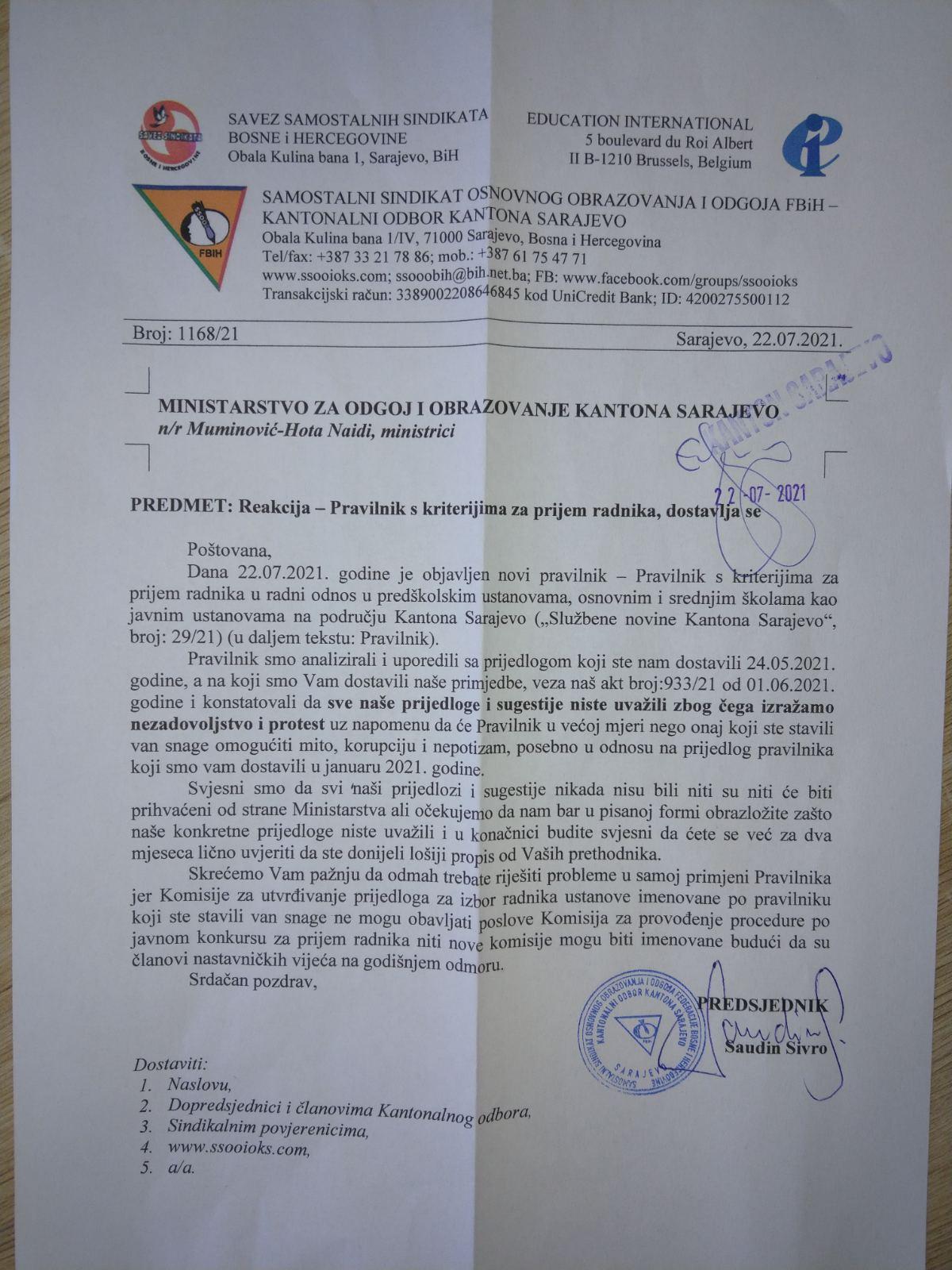 Dopis Sindikata koji je poslan resornoj ministrici - Avaz