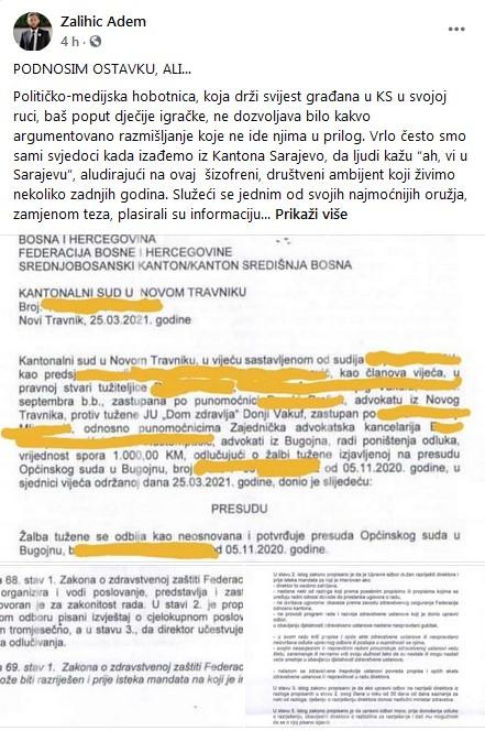 Status koji je objavio Zalihić - Avaz