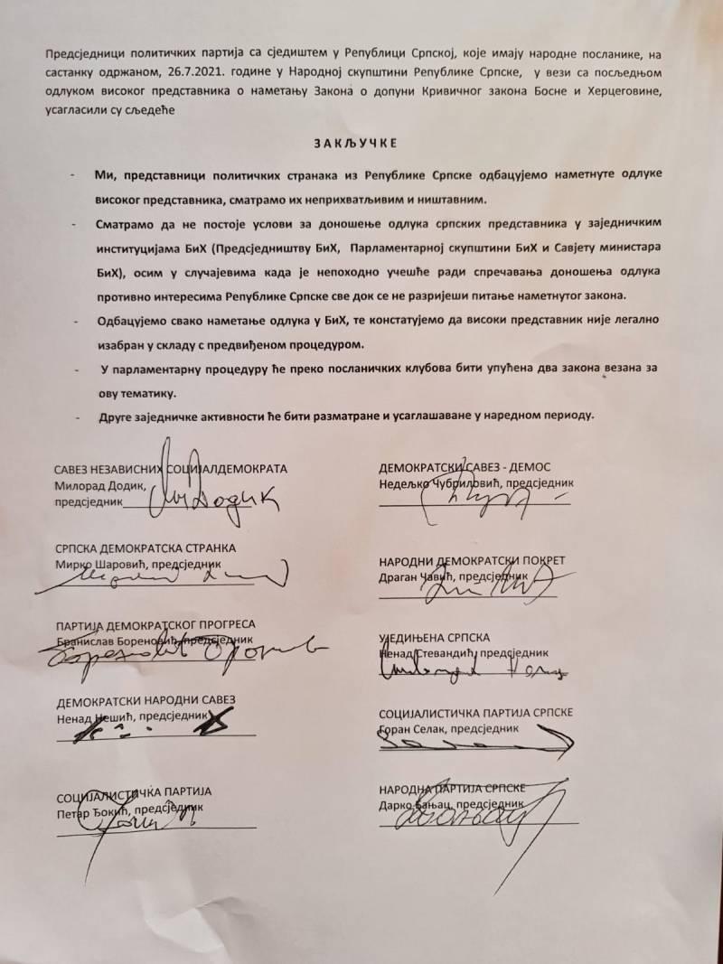 Lideri stranaka iz RS potpisali zaključke - Avaz