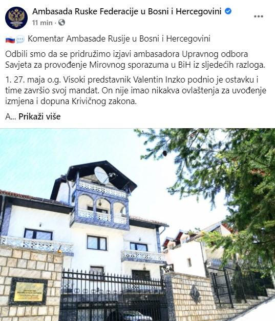 Ruska ambasada se oglasila na Facebooku - Avaz