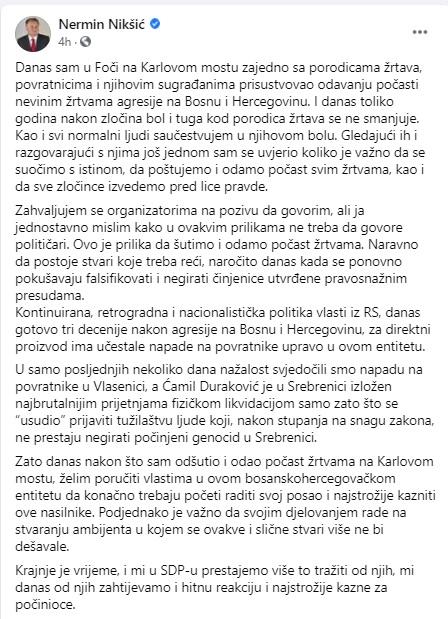 FB komentar Nermina Nikšića - Avaz