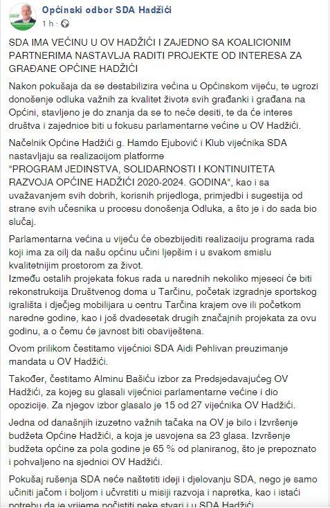 Oglasili se iz OO SDA Hadžići - Avaz