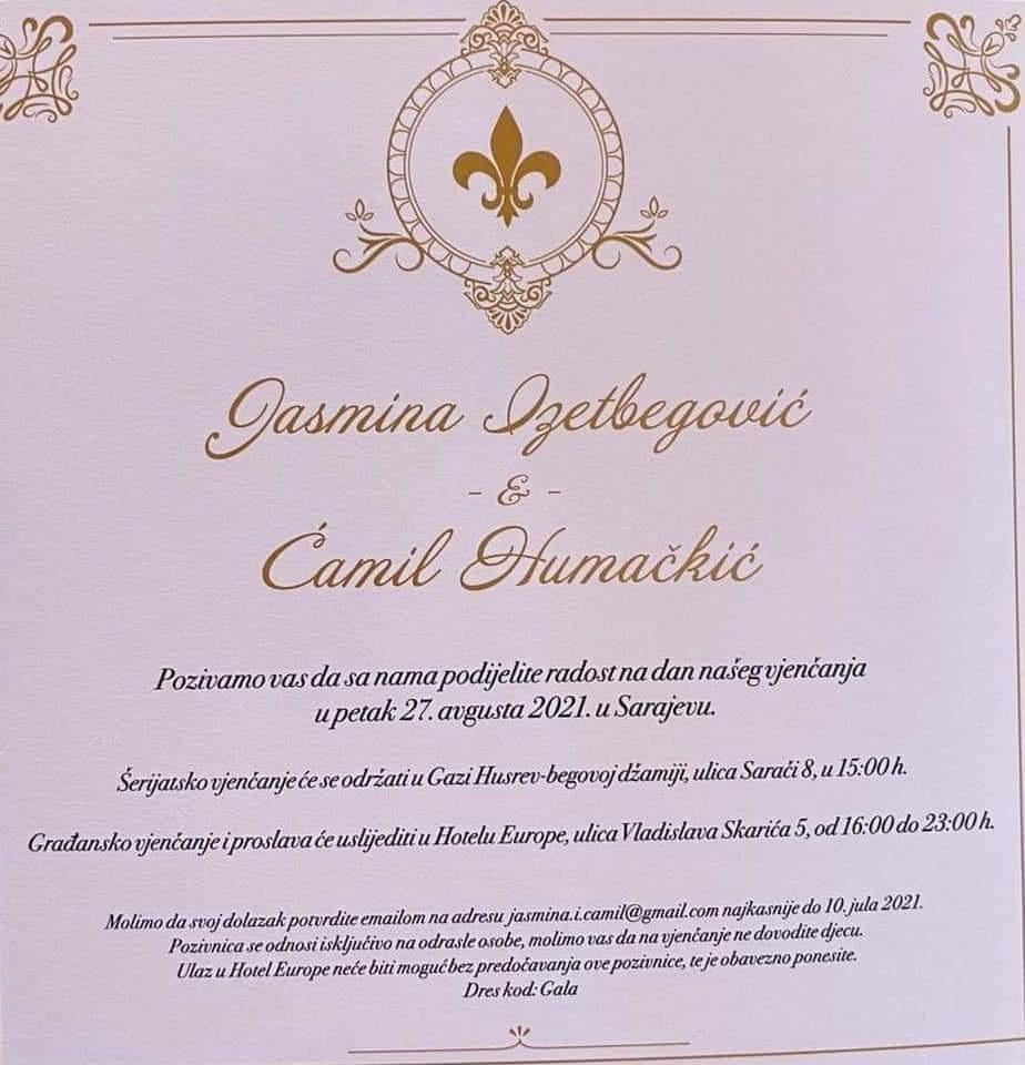 Pozivnica za vjenčanje Jasmine Izetbegović i Ćamila Humačkića - Avaz