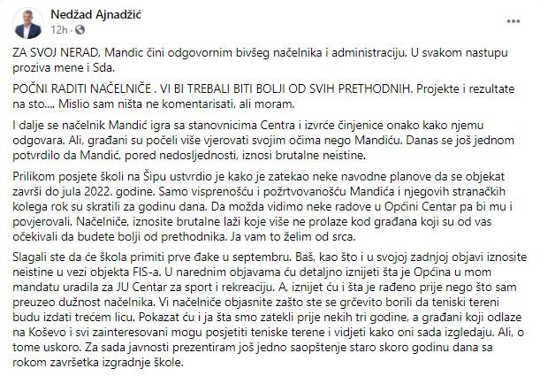 Ajnadžićev odgovor na Facebooku - Avaz