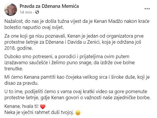 Objava na Facebook stranici "Pravda za Dženana Memića" - Avaz