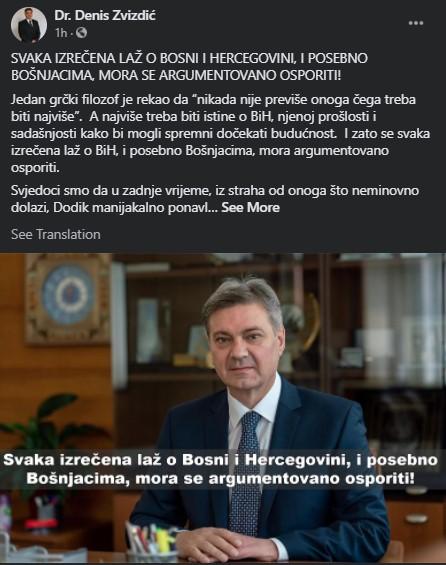 Objava Denisa Zvizdića na Facebooku - Avaz