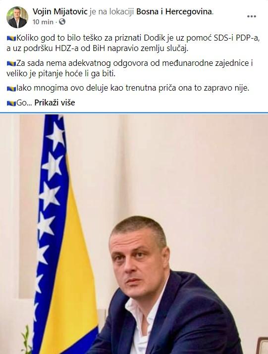 Objava Mijatovića na Facebooku - Avaz