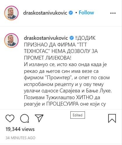 Objava Stanivukovića na Instagramu - Avaz
