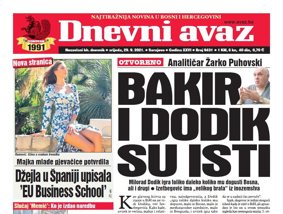 Danas u "Dnevnom avazu" čitajte: Bakir i Dodik su isti