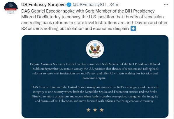 Objava Ambasade SAD na Twitteru - Avaz