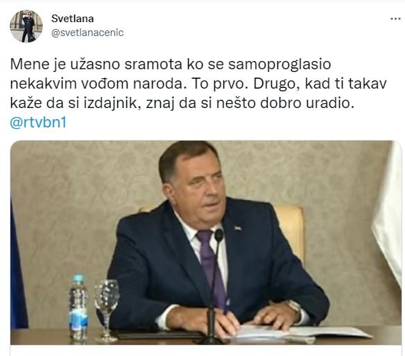 Objava Svetlane Cenić na Twitteru - Avaz