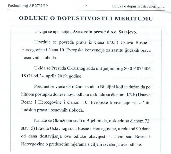 Faksimil presude Ustavnog suda BiH - Avaz