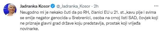 Objava Jadranke Kosor na Twitteru - Avaz