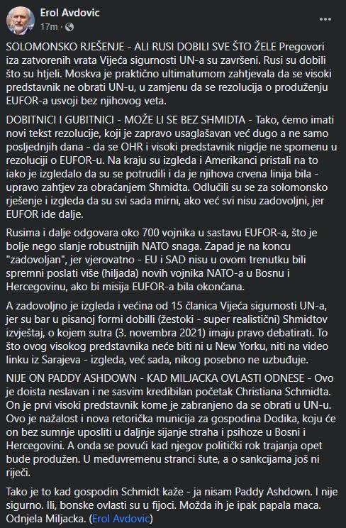 Status Erola Avdovića na Facebooku - Avaz