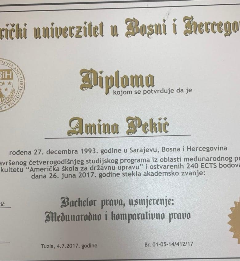 Faksimil krivotvorene diplome Amine Pekić od 26.juna 2017.godine - Avaz