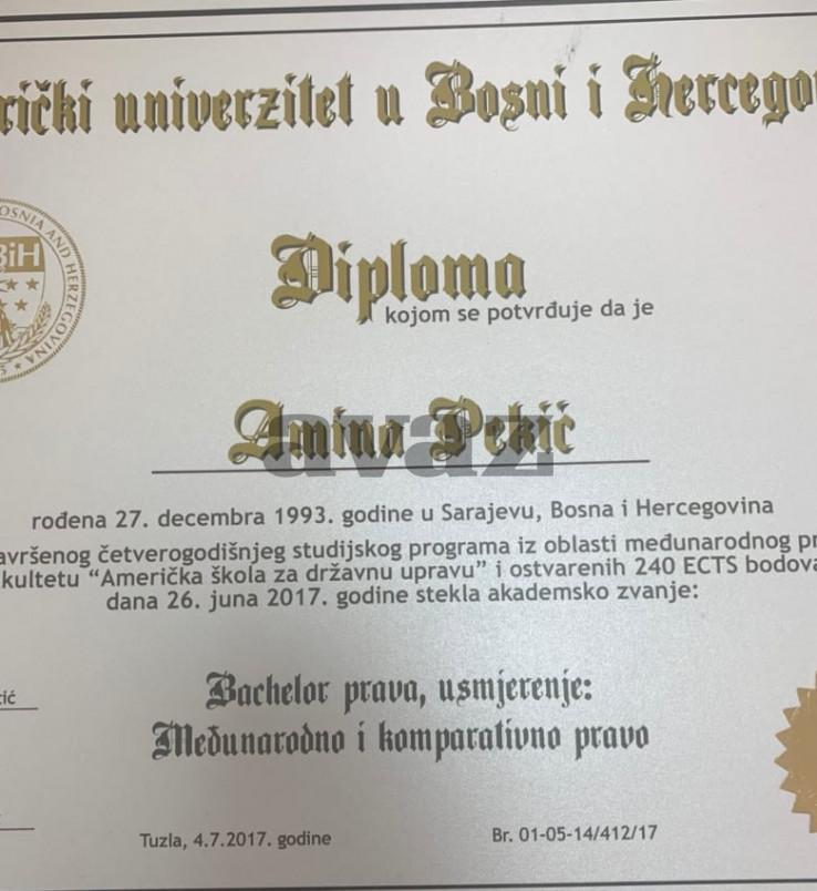 Facsimile of forged diploma of Amina Pekić from June 26, 2017 - Avaz